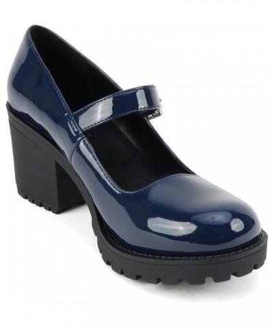 Eviana" ~ Women Mary Jane Round Toe Mid Chunky Block Heel Lug Sole Pump with Adjustable Strap Navy Patent $17.84 Pumps