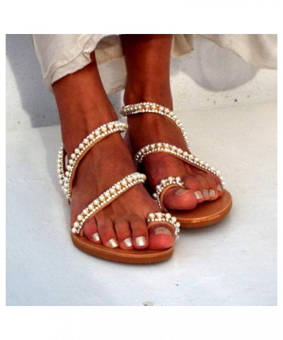 Vintage Womens Flat Sandals Beaded Sexy Sandals for Women Rhinestone Gladiator Thong Falt toe Loop toe Ring One toe White $14...