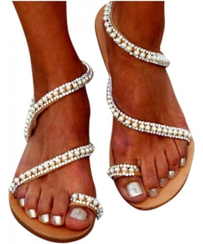 Vintage Womens Flat Sandals Beaded Sexy Sandals for Women Rhinestone Gladiator Thong Falt toe Loop toe Ring One toe White $14...