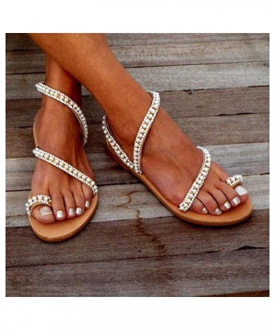 Vintage Womens Flat Sandals Beaded Sexy Sandals for Women Rhinestone Gladiator Thong Falt toe Loop toe Ring One toe White $14...