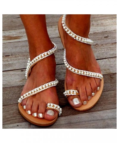 Vintage Womens Flat Sandals Beaded Sexy Sandals for Women Rhinestone Gladiator Thong Falt toe Loop toe Ring One toe White $14...