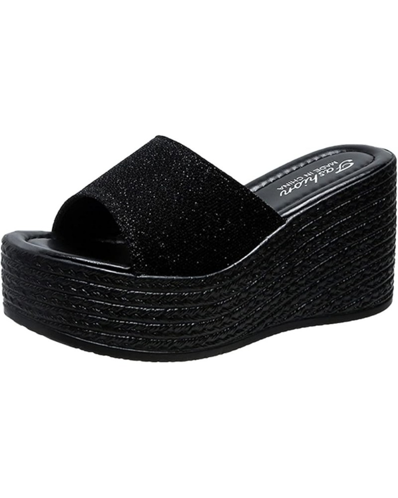 Sandals for Women Dressy Summer,Womens Glitter Slip On Open Toe Wedge Platform Flip Flops Boho Slip On Sandals Black $13.70 S...