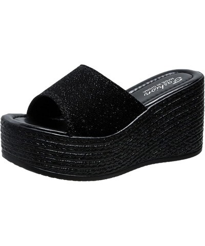 Sandals for Women Dressy Summer,Womens Glitter Slip On Open Toe Wedge Platform Flip Flops Boho Slip On Sandals Black $13.70 S...