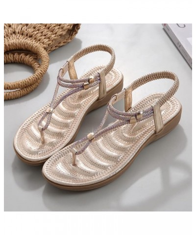 Women's Dress Rhinestones Flipflops Flat Sandals Ankle Strap Slingback Elastic Boho Beach Thong Sandal Golden $23.96 Sandals