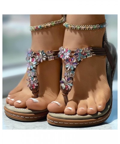 Flat Sandals, Summer Womens Retro Sandals Beach Beaded Metal Rhinestone Pearl Flat Shoes Z 22-brown $11.99 Sandals