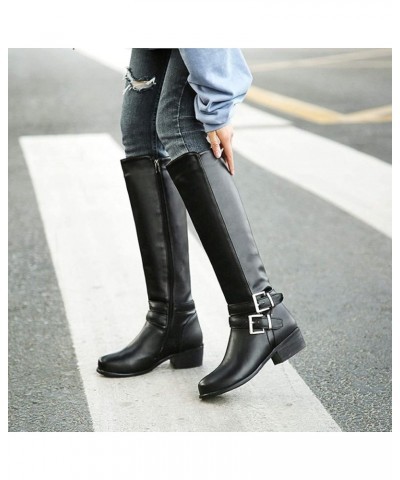 Women's Round Toe Knee High Boots Cold Weather Fur Warm Low Heel Waterproof Boots Fashion Riding Tall Boot Black $31.57 Boots