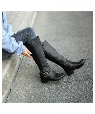 Women's Round Toe Knee High Boots Cold Weather Fur Warm Low Heel Waterproof Boots Fashion Riding Tall Boot Black $31.57 Boots