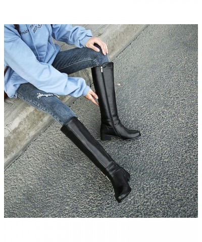 Women's Round Toe Knee High Boots Cold Weather Fur Warm Low Heel Waterproof Boots Fashion Riding Tall Boot Black $31.57 Boots