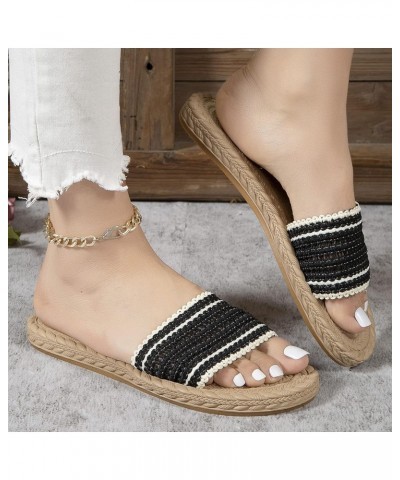 Ladies Fashion Summer Color Matching Cloth Open Toe Grass Woven Bottom Flat Slippers Slides Women Colorful (Black, 8) $12.38 ...