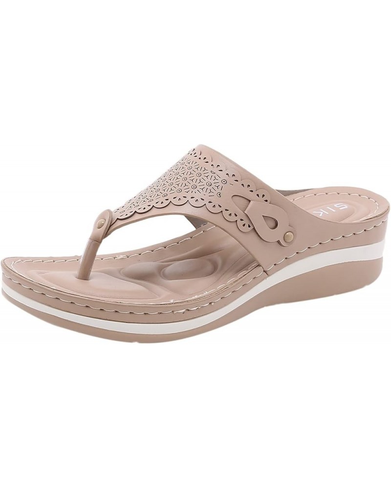 Sandals For Women Flip Flop Sandals Summer Slippers For Women Casual Flip Flops Beach Sandals Wedge Shoes Khaki $12.95 Sandals