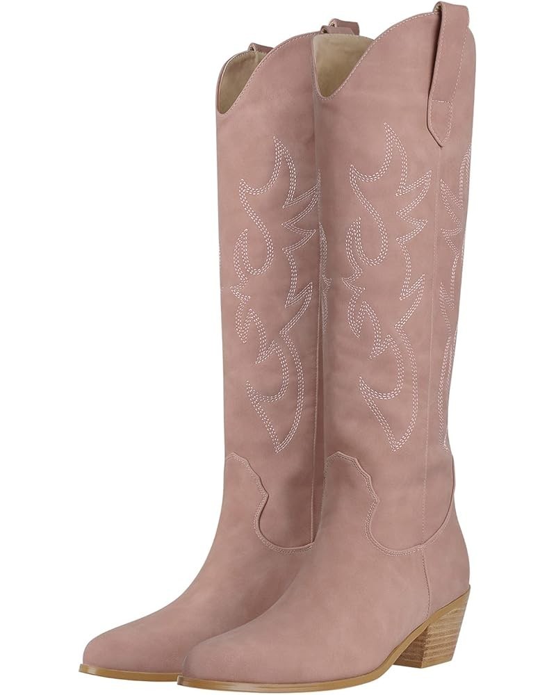 Women's Western Cowboy Boots Pull-On Tab Embroidered Knee High Booties Fashion Cowgilr Boots Pink $30.23 Boots