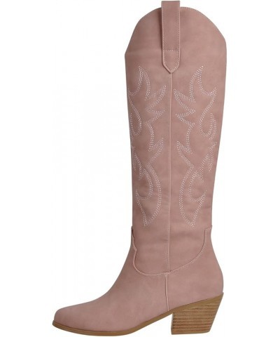 Women's Western Cowboy Boots Pull-On Tab Embroidered Knee High Booties Fashion Cowgilr Boots Pink $30.23 Boots