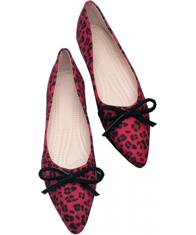 Women's Lace Bowtie Ballets Flats Plaid Pointy Toe Slip on Non-Slip Dress Ballerina Flat Shoes D Leopard Red $11.99 Flats