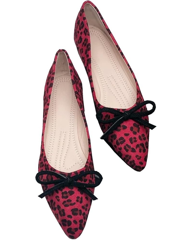 Women's Lace Bowtie Ballets Flats Plaid Pointy Toe Slip on Non-Slip Dress Ballerina Flat Shoes D Leopard Red $11.99 Flats