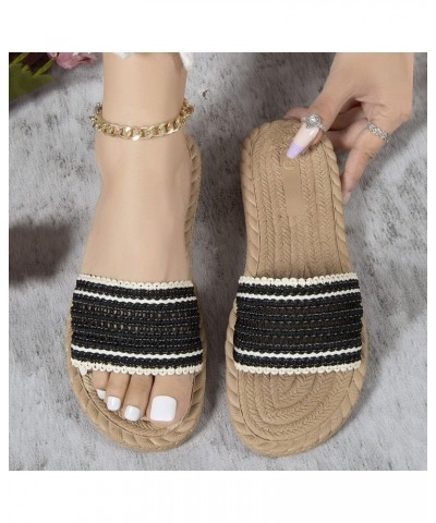 Ladies Fashion Summer Color Matching Cloth Open Toe Grass Woven Bottom Flat Slippers Slides Women Colorful (Black, 8) $12.38 ...