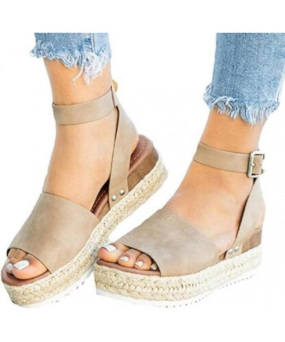 Sandals for Women Dressy Summer,Women's Platform Sandals Espadrille Wedge Flatform Studded Ankle Strap Open Toe Sandals Khaki...