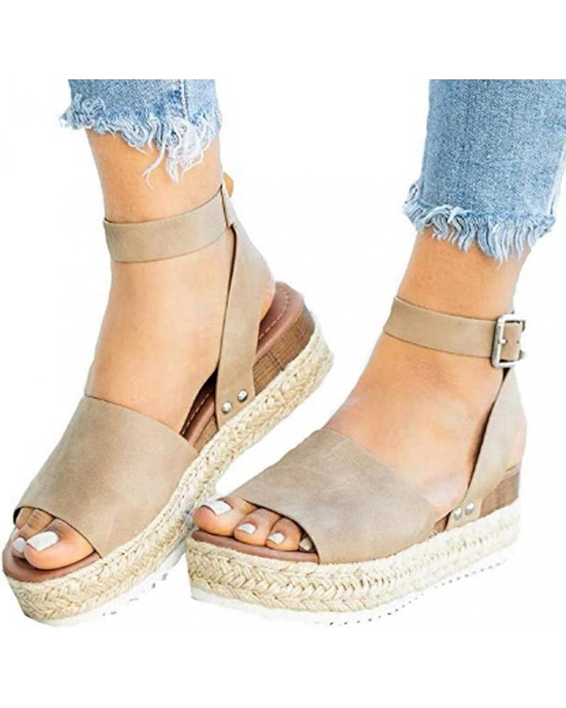 Sandals for Women Dressy Summer,Women's Platform Sandals Espadrille Wedge Flatform Studded Ankle Strap Open Toe Sandals Khaki...