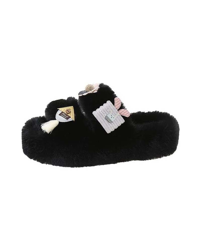 Women's Platform Wedge Slippers Fashion Cute Faux Fur All Season Indoor Outdoor Causal Sandals Black $21.29 Slippers