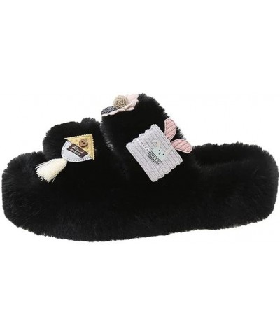 Women's Platform Wedge Slippers Fashion Cute Faux Fur All Season Indoor Outdoor Causal Sandals Black $21.29 Slippers