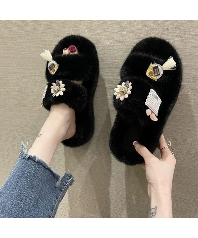 Women's Platform Wedge Slippers Fashion Cute Faux Fur All Season Indoor Outdoor Causal Sandals Black $21.29 Slippers