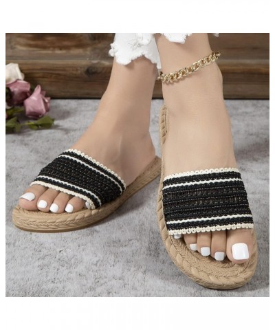 Ladies Fashion Summer Color Matching Cloth Open Toe Grass Woven Bottom Flat Slippers Slides Women Colorful (Black, 8) $12.38 ...