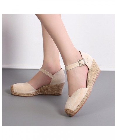 Summer Bohemian Denim Fisherman Shoes Women Wedge Vintage High Heel Woven Platform Dressy Sandals for Women with Support Beig...