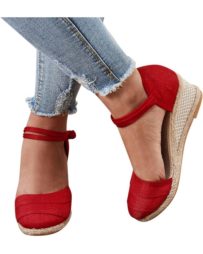 Women Summer Casual Wedges Sandals Platform Open Toe Comfortable Walking Hook Loop Ankle Strap Beach Shoes A02 Red $15.89 San...