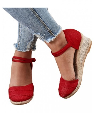 Women Summer Casual Wedges Sandals Platform Open Toe Comfortable Walking Hook Loop Ankle Strap Beach Shoes A02 Red $15.89 San...