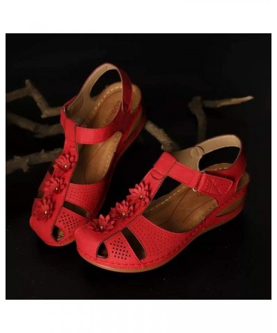 Walking Sandals Women, Sandals Women Dressy Summer Comfortable Close Toe Sandals Cutout Wedge Sandals Red $13.16 Sandals