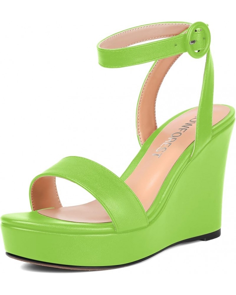 Womens Ankle Strap Solid Party Sexy Open Toe Matte Round Toe Buckle Wedge High Heel Heeled Sandals 4 Inch Lime Green $42.04 S...