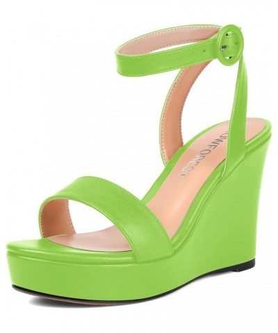 Womens Ankle Strap Solid Party Sexy Open Toe Matte Round Toe Buckle Wedge High Heel Heeled Sandals 4 Inch Lime Green $42.04 S...