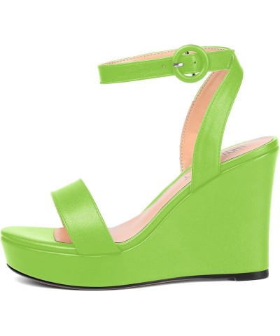 Womens Ankle Strap Solid Party Sexy Open Toe Matte Round Toe Buckle Wedge High Heel Heeled Sandals 4 Inch Lime Green $42.04 S...