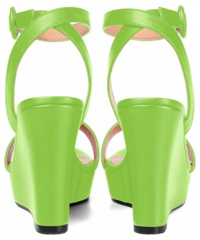 Womens Ankle Strap Solid Party Sexy Open Toe Matte Round Toe Buckle Wedge High Heel Heeled Sandals 4 Inch Lime Green $42.04 S...