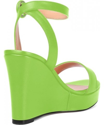 Womens Ankle Strap Solid Party Sexy Open Toe Matte Round Toe Buckle Wedge High Heel Heeled Sandals 4 Inch Lime Green $42.04 S...