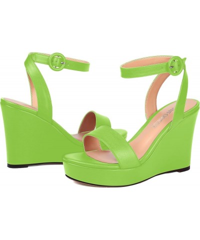 Womens Ankle Strap Solid Party Sexy Open Toe Matte Round Toe Buckle Wedge High Heel Heeled Sandals 4 Inch Lime Green $42.04 S...