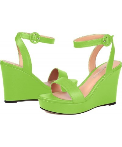 Womens Ankle Strap Solid Party Sexy Open Toe Matte Round Toe Buckle Wedge High Heel Heeled Sandals 4 Inch Lime Green $42.04 S...