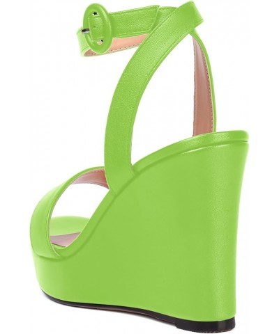 Womens Ankle Strap Solid Party Sexy Open Toe Matte Round Toe Buckle Wedge High Heel Heeled Sandals 4 Inch Lime Green $42.04 S...