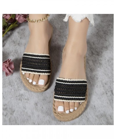 Ladies Fashion Summer Color Matching Cloth Open Toe Grass Woven Bottom Flat Slippers Slides Women Colorful (Black, 8) $12.38 ...