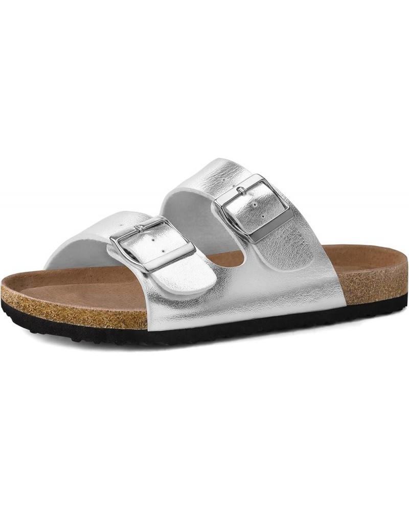 Womens Flat Sandals Cork Footbed Slides 2 Straps Adjustable Buckle Slip On Summer with +Comfort Shoes Silver $11.89 Sandals