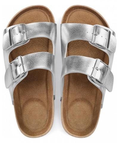 Womens Flat Sandals Cork Footbed Slides 2 Straps Adjustable Buckle Slip On Summer with +Comfort Shoes Silver $11.89 Sandals