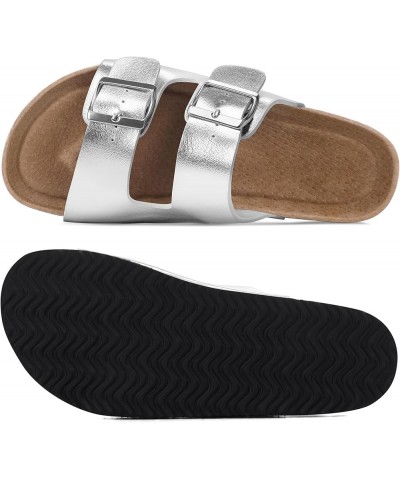 Womens Flat Sandals Cork Footbed Slides 2 Straps Adjustable Buckle Slip On Summer with +Comfort Shoes Silver $11.89 Sandals