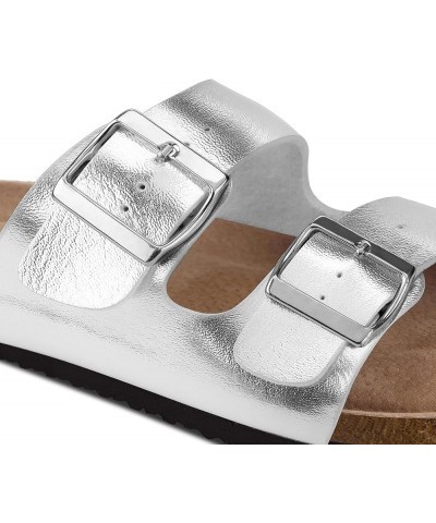 Womens Flat Sandals Cork Footbed Slides 2 Straps Adjustable Buckle Slip On Summer with +Comfort Shoes Silver $11.89 Sandals