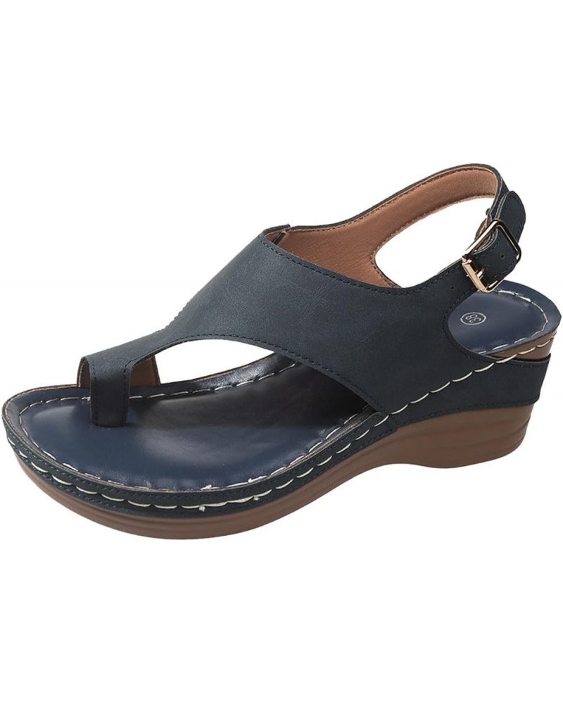 Women's Summer Fashion Solid Color Flip Toe Beach Sandals Casual Simple Wedge Sandals Sandals Women Comfortable Navy $9.95 Sa...