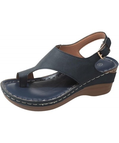 Women's Summer Fashion Solid Color Flip Toe Beach Sandals Casual Simple Wedge Sandals Sandals Women Comfortable Navy $9.95 Sa...