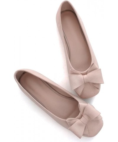 Women's Bow Flats Square Toe Suede Ballerina Shoes Solid Color Soft Slip-ons Apricot $12.76 Flats