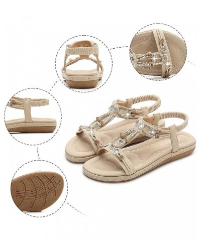 Women's Flat Dressy Summer Beach Shoes Comfortable Boho Rhinestone Thong Flip-Flop Elastic Strappy Sandals 7 D-beige $13.12 S...