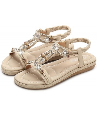 Women's Flat Dressy Summer Beach Shoes Comfortable Boho Rhinestone Thong Flip-Flop Elastic Strappy Sandals 7 D-beige $13.12 S...