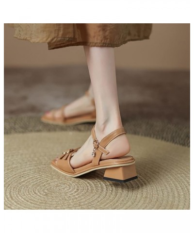 Women's Casual Buckle Comfort Low Block Heel Sandals Open Toe Ankle Strap Summer Dress Heeled Sandal Brown $32.39 Sandals