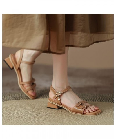 Women's Casual Buckle Comfort Low Block Heel Sandals Open Toe Ankle Strap Summer Dress Heeled Sandal Brown $32.39 Sandals