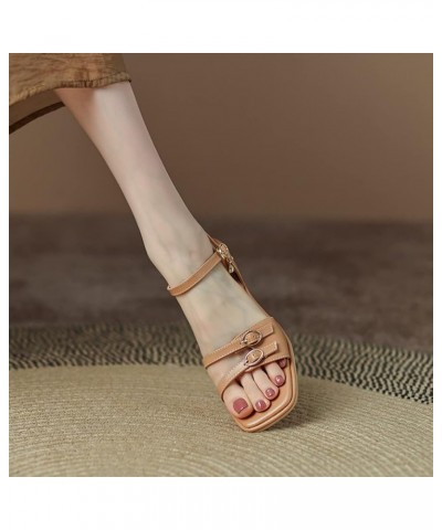 Women's Casual Buckle Comfort Low Block Heel Sandals Open Toe Ankle Strap Summer Dress Heeled Sandal Brown $32.39 Sandals